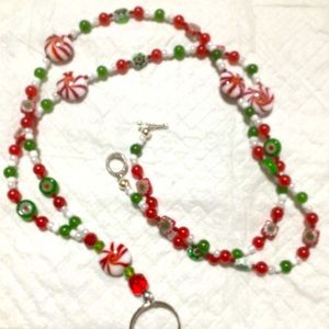 Hand beaded Lanyard ID Badge Holder Christmas Candy Holiday Style